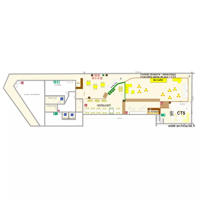 S&eacute;nario restauration cocktail 1 CTS modulable tables de jeux. Plan de 