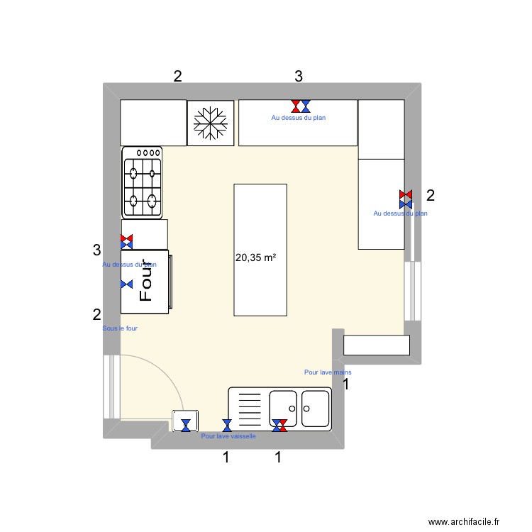 plan cuisine pro sans angle meuble PLOMBERIE . Plan de 1 pièce et 20 m2