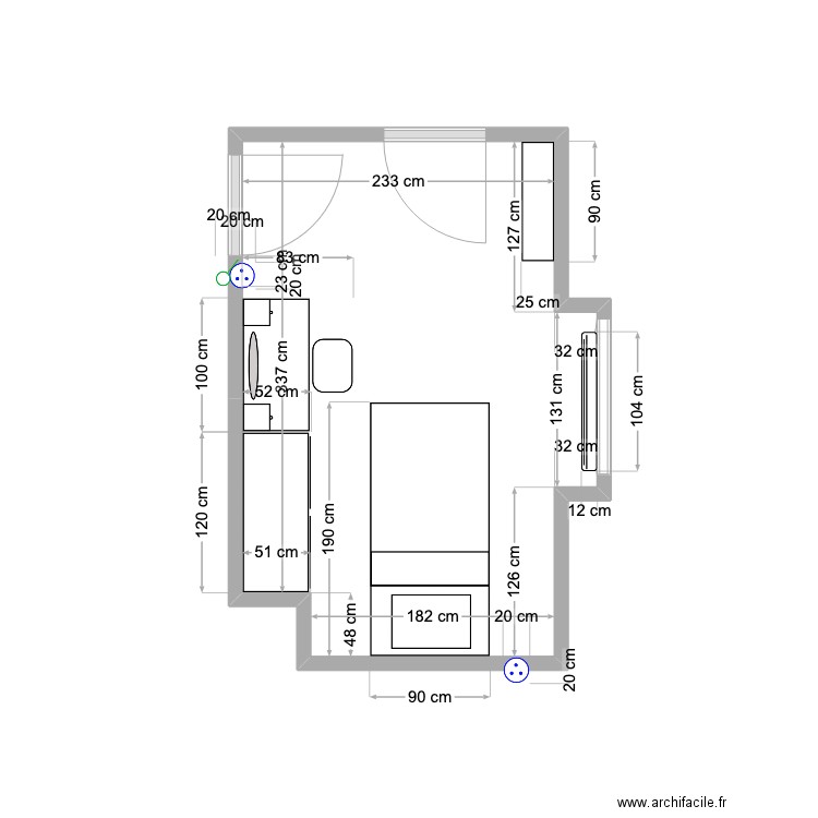 chambre MB. Plan de 1 pièce et 9 m2