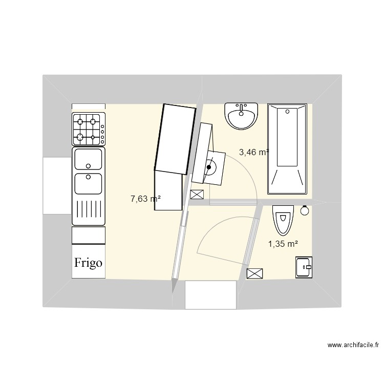 SdB Douche WC CUISINE ELECTRICITE 2023 mars. Plan de 3 pièces et 12 m2