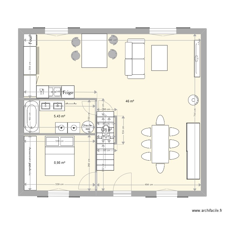 Plan RDV Numéro 5 version sans Bureau v3. Plan de 4 pièces et 61 m2