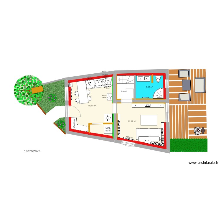 Plan implantation RDC Coemont. Plan de 3 pièces et 28 m2