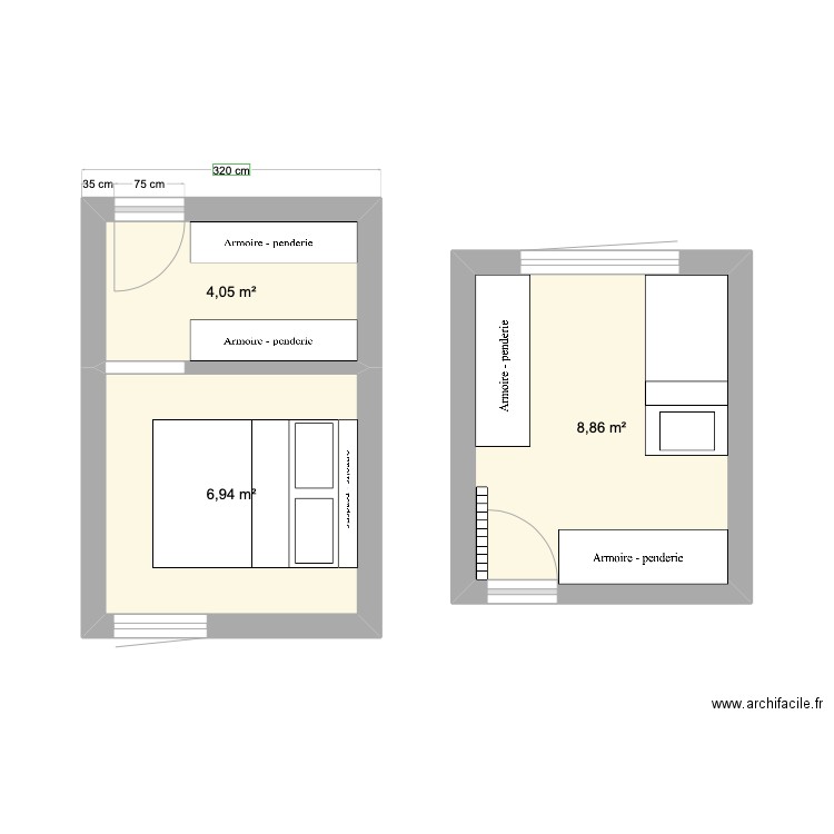 dressing chambre et chambre bébé. Plan de 3 pièces et 20 m2