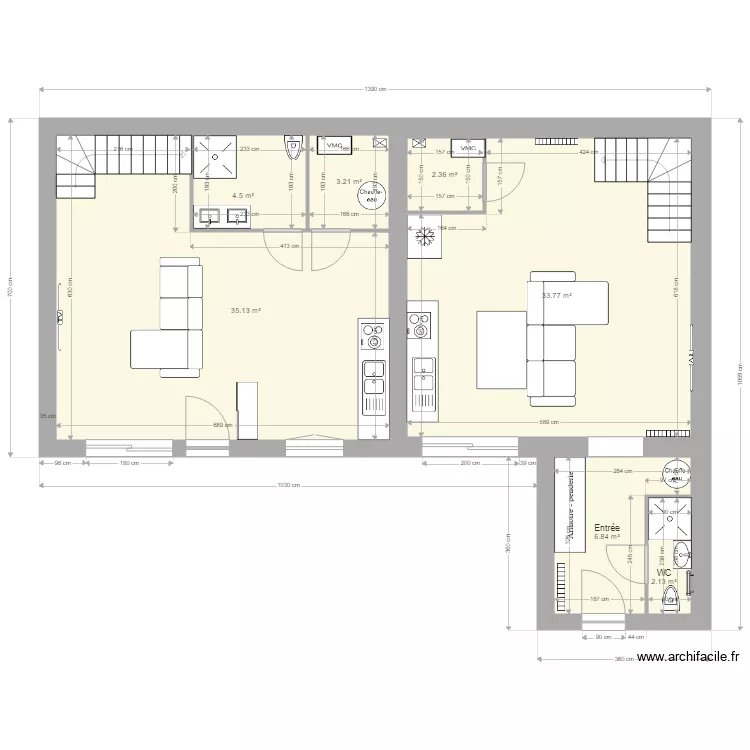 RDC etage 2 appartements. Plan de 