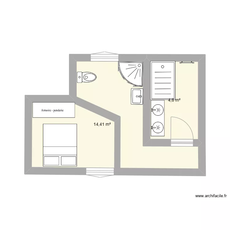 sdb. Plan de 2  et 19 m²