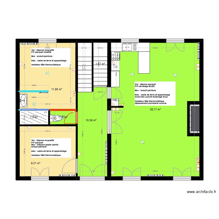 Carpentier - rdc projeté. Plan de 7 pièces et 74 m2