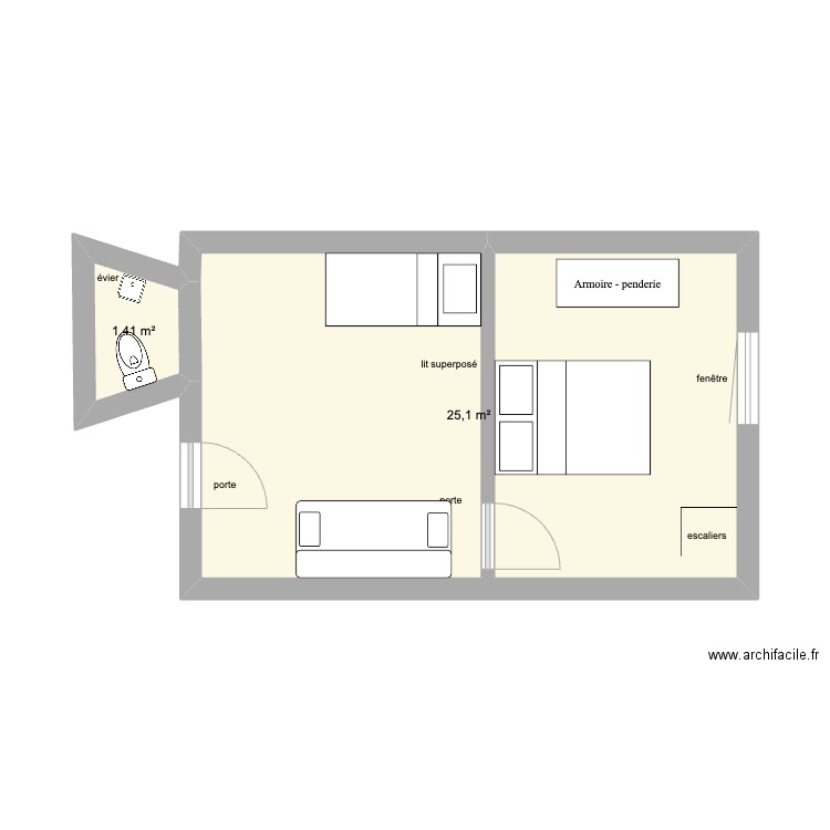 Italie étage. Plan de 2 pièces et 27 m2