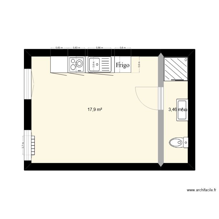 studio. Plan de 2 pièces et 21 m2