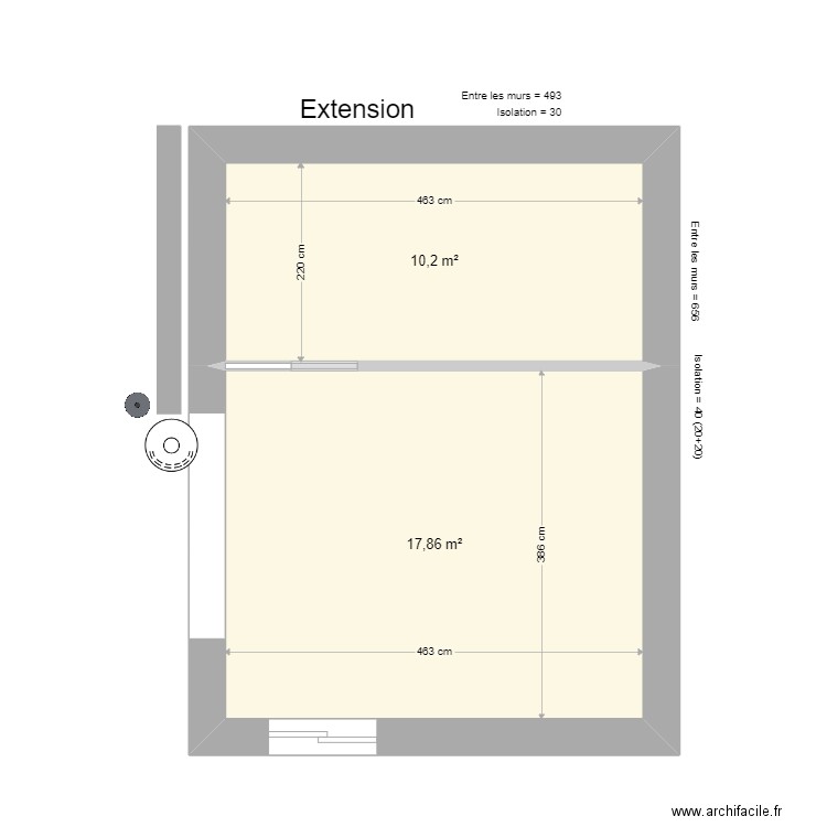 EXTENSION. Plan de 2 pièces et 28 m2