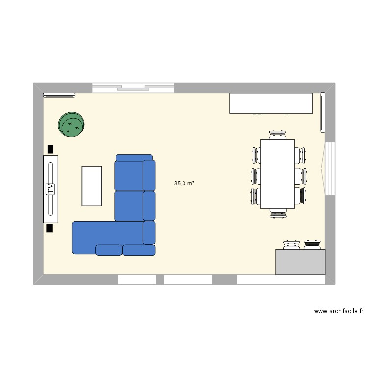 Salon. Plan de 1 pièce et 35 m2