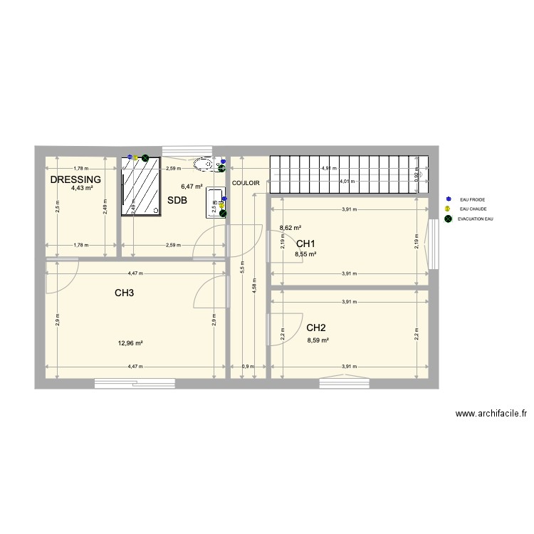 PROJET 3 2EME ETAGE  NU PLOMBIER. Plan de 6 pièces et 50 m2