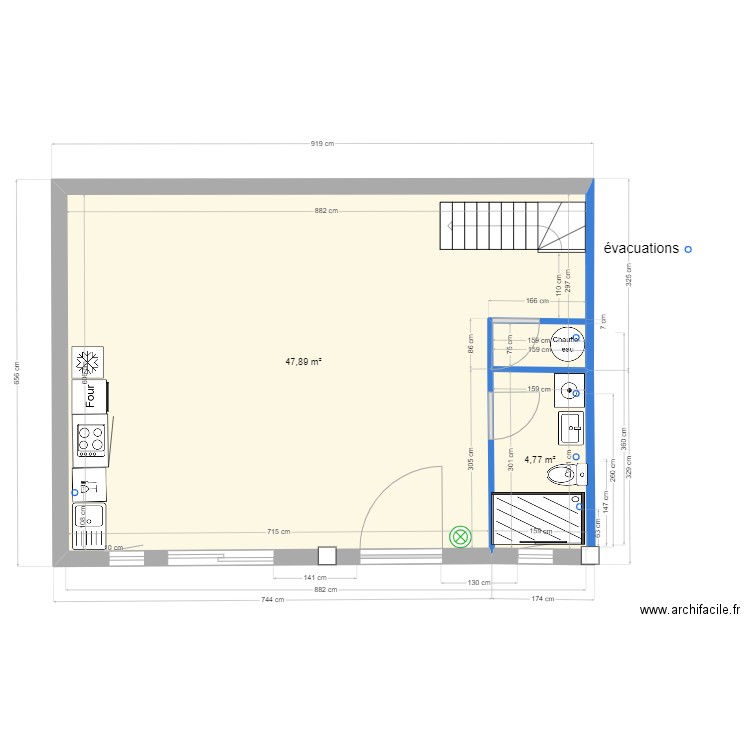 Appart B rdc. Plan de 2 pièces et 53 m2