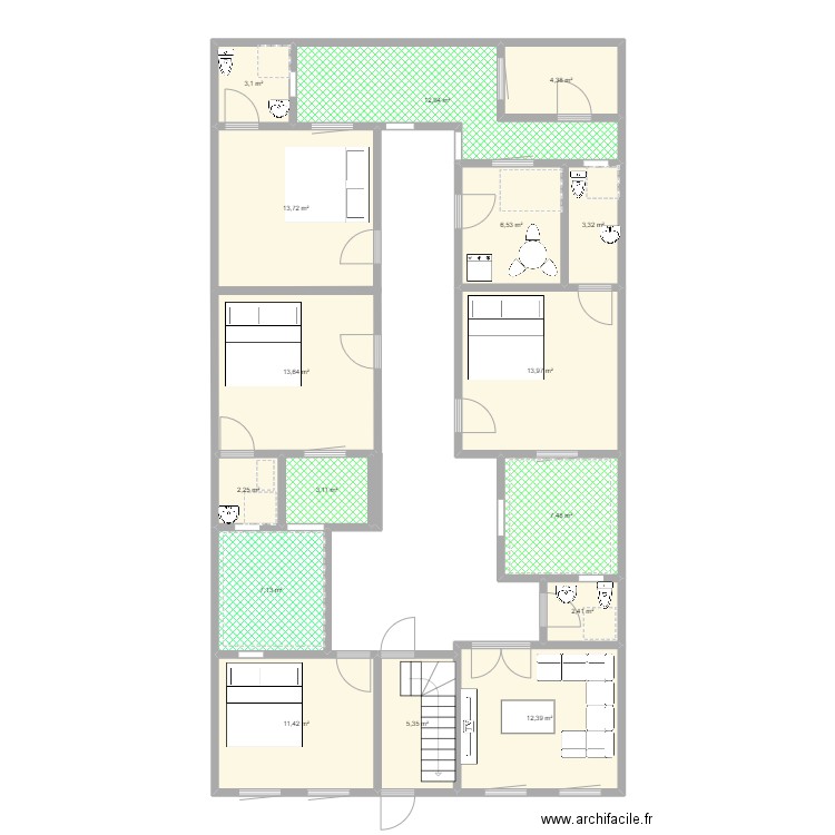 sadio. Plan de 16 pièces et 122 m2