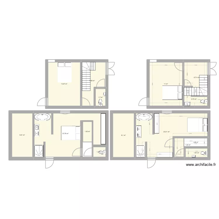 Etage 1. Plan de 15 pièces et 122 m²