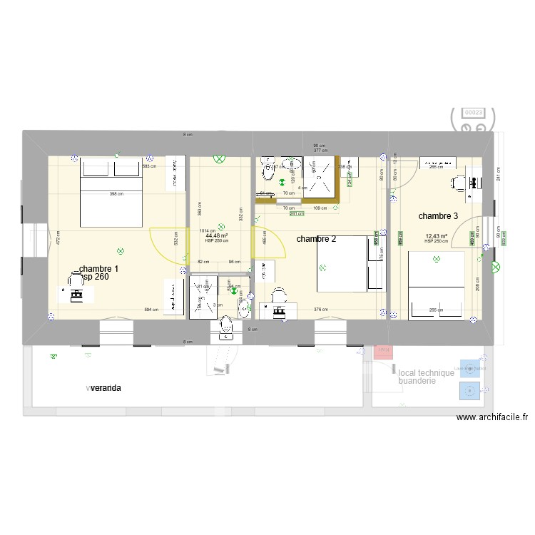 MAISON RDC plan pour plombier et electricien. Plan de 5 pièces et 90 m2