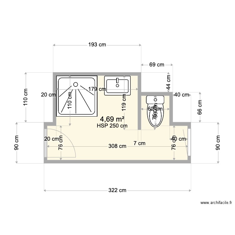 Salle de bain n 2 BACH. Plan de 1 pièce et 5 m2