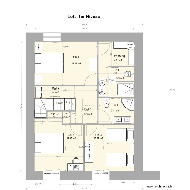 Loft 1 Niveau ---. Plan de 6 pièces et 59 m2