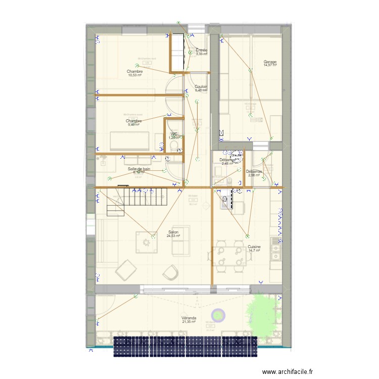 RDC. Plan de 21 pièces et 212 m2