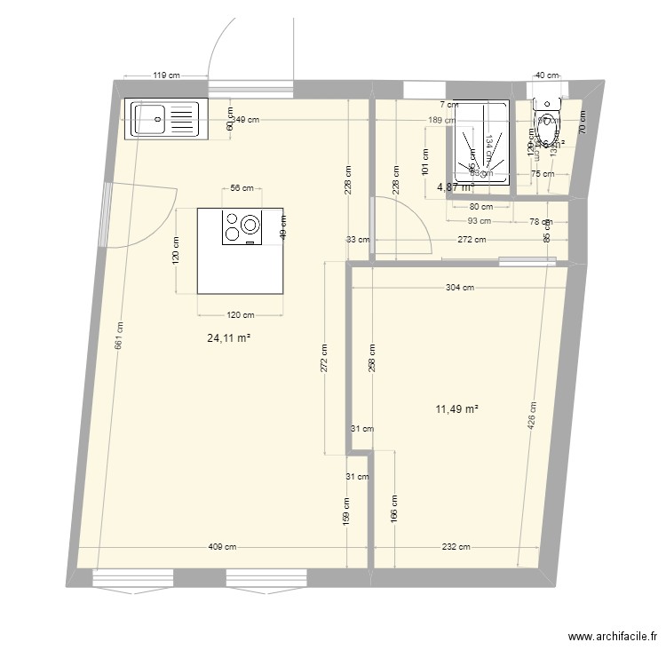 F2 cuisine salon. Plan de 4 pièces et 42 m2