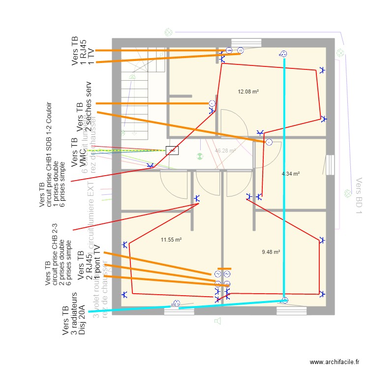 Plans elec etage prise radiateur manu. Plan de 0 pièce et 0 m2