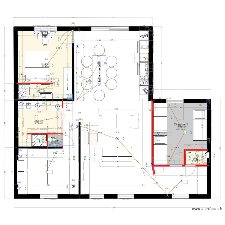 V2 SDB et pièce close. Plan de 5 pièces et 37 m2