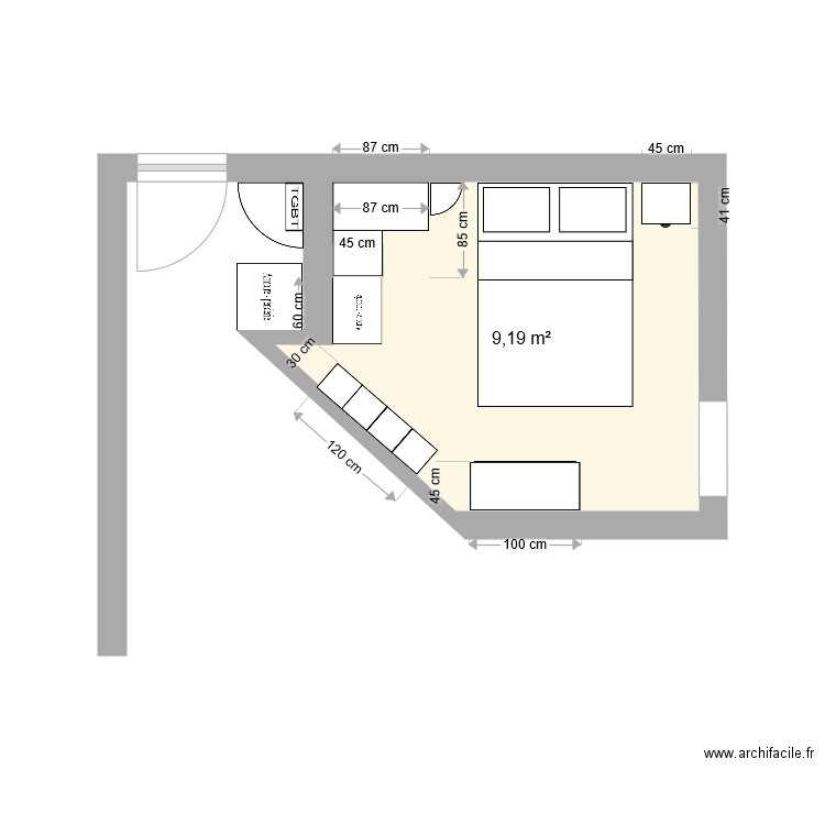 Chambre RCh. Plan de 1 pièce et 9 m2