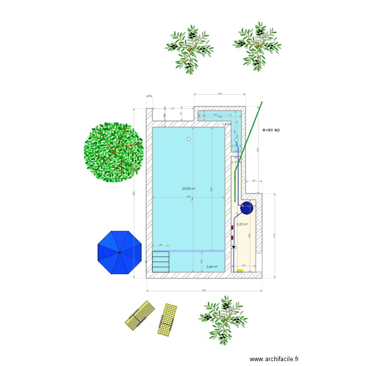 piscine. Plan de 4 pièces et 31 m2