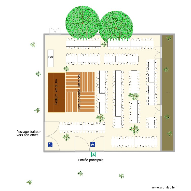 Pavillon des Oliviers implantation 312 personnes tables rectangulaires. Plan de 0 pièce et 0 m2