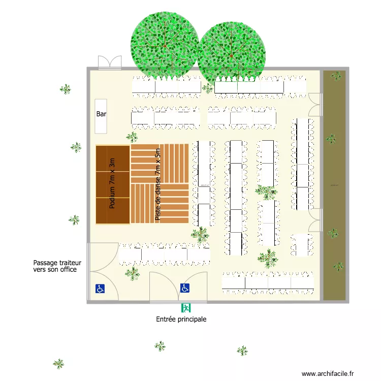 Pavillon des Oliviers implantation 312 personnes tables rectangulaires. Plan de 