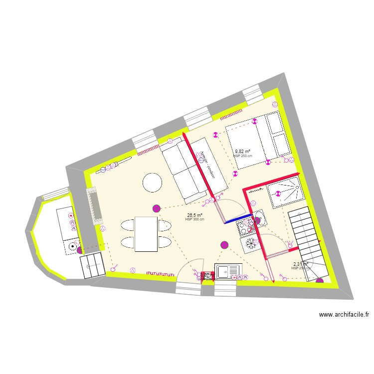 Razvan et Claire ELEC + Placo RDC. Plan de 4 pièces et 55 m2