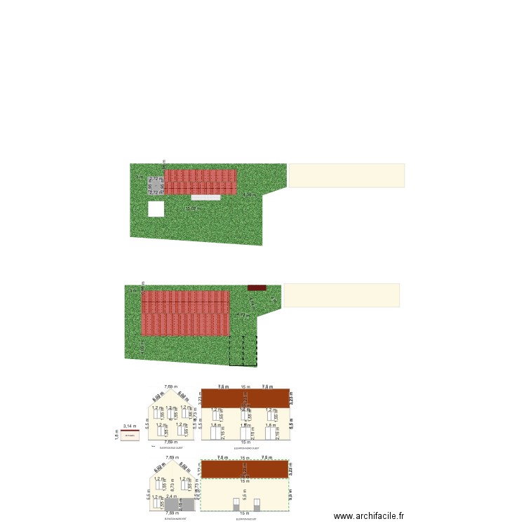 Coupes. Plan de 1 pièce et 8 m2