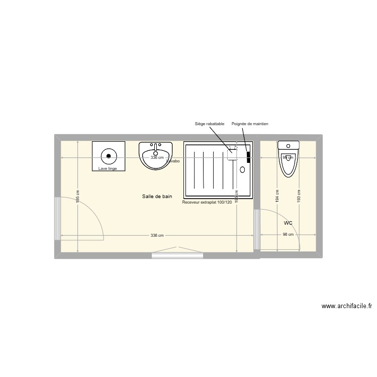 BELONDRADE René salle de bain adaptation. Plan de 2 pièces et 8 m2