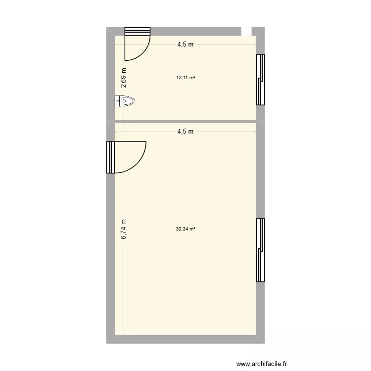 Extension salle de musique+ chats. Plan de 2 pièces et 42 m²