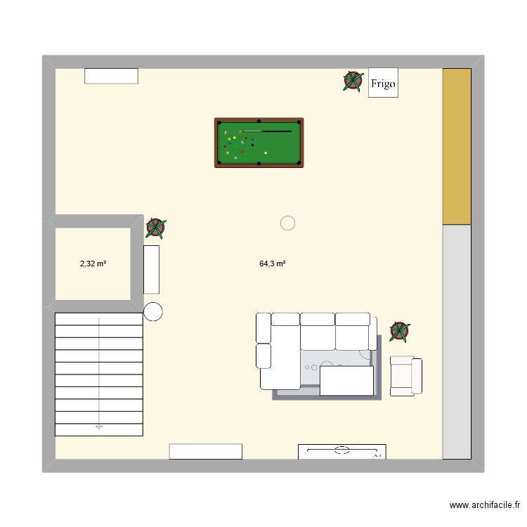 RDC. Plan de 2 pièces et 67 m2