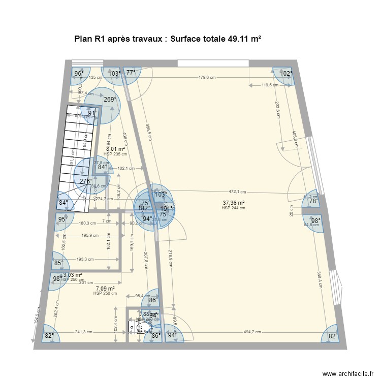 PAMIERS3 RDC avant travaux. Plan de 5 pièces et 56 m2