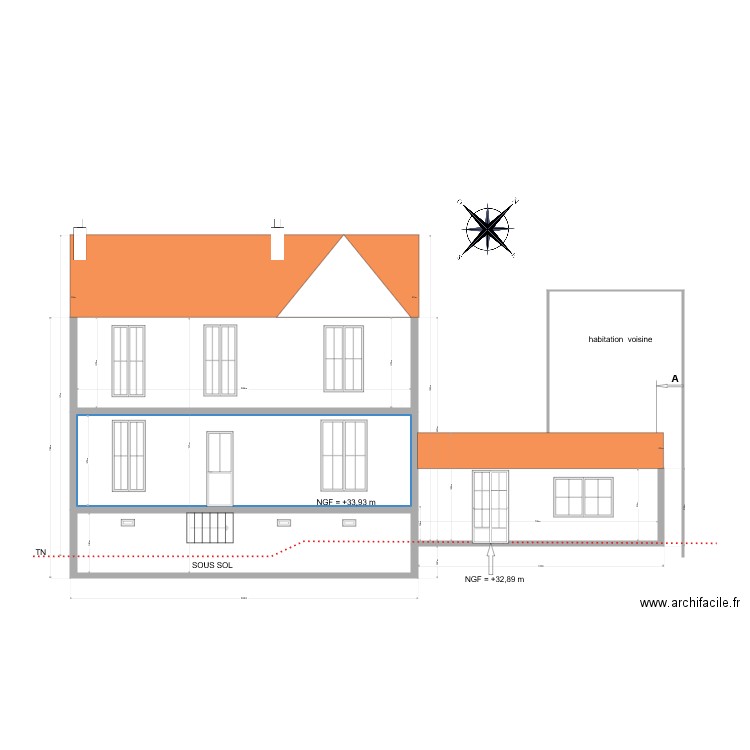 facade EXISTANTE. Plan de 0 pièce et 0 m2