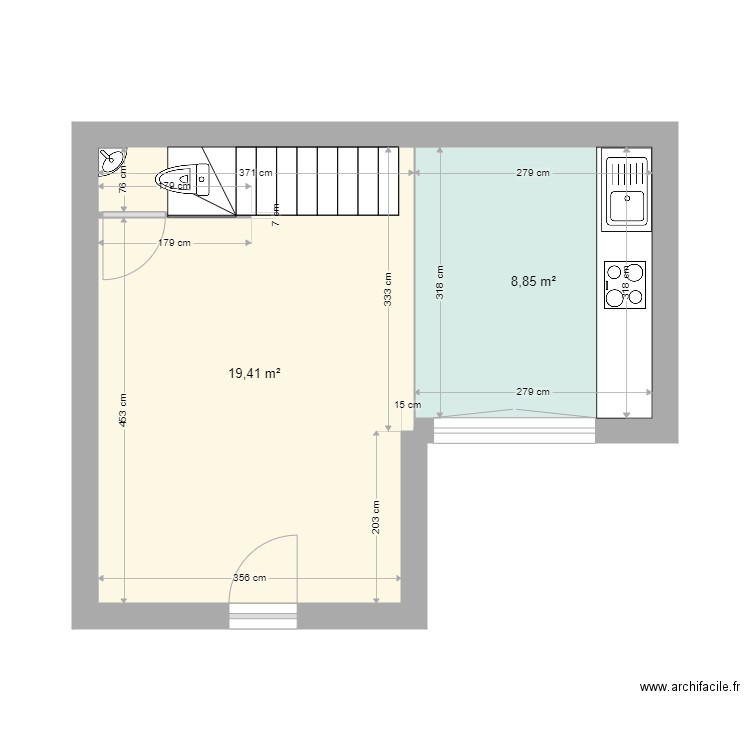 ALI RDC. Plan de 2 pièces et 28 m2