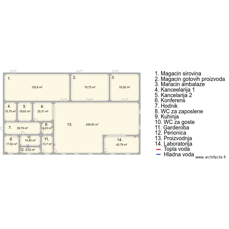 proizvodnja. Plan de 14 pièces et 690 m2