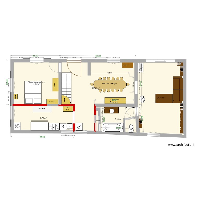 RdC aménagement. Plan de 6 pièces et 74 m2