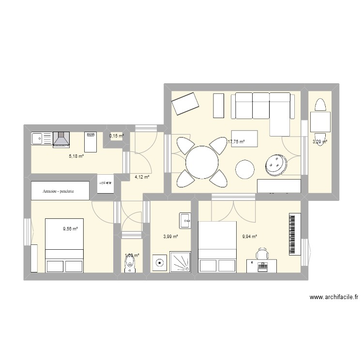 nouvel appart aménagement . Plan de 9 pièces et 55 m2