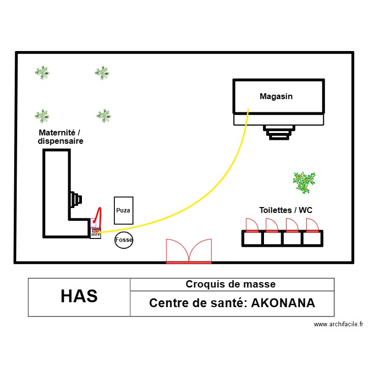 Vue en plan complet du centre de santé AKONANA. Plan de 14 pièces et 344 m2