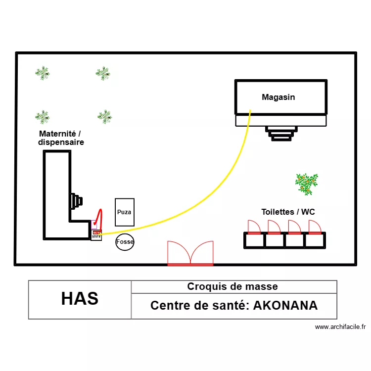 Vue en plan complet du centre de sant&eacute; AKONANA. Plan de 