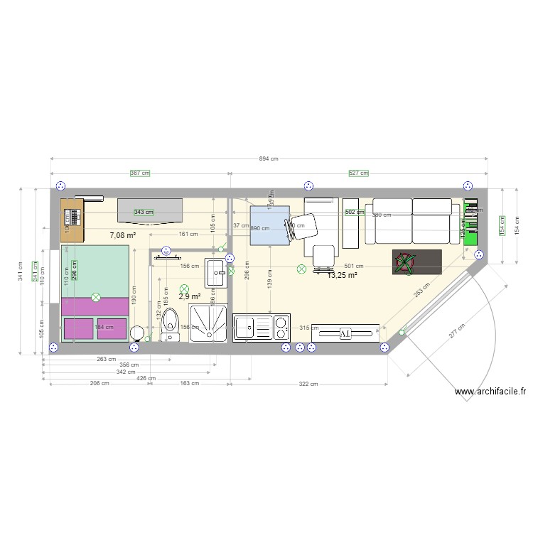 Plan Extension Robin 2. Plan de 3 pièces et 23 m2