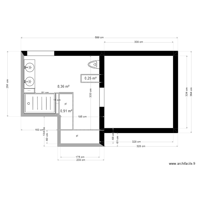 salle de bain version 1. Plan de 5 pièces et 10 m2