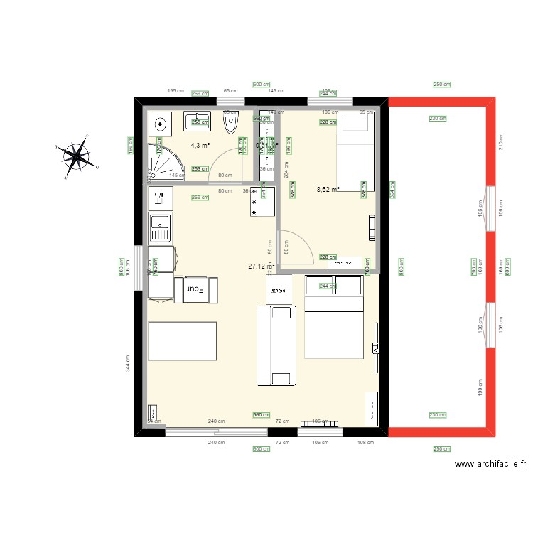 maison actuelle avec extension. Plan de 4 pièces et 56 m2