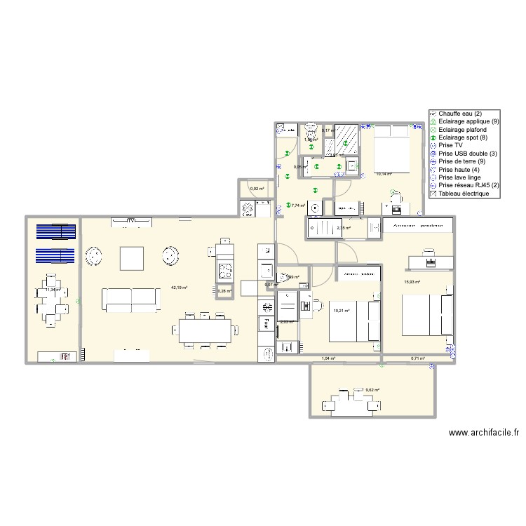 Santa Clara 2 face mer version famille WC. Plan de 19 pièces et 120 m2