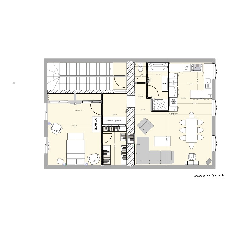 appart 2eme etage grande chambre modif SDB et poele et dress. Plan de 3 pièces et 86 m2