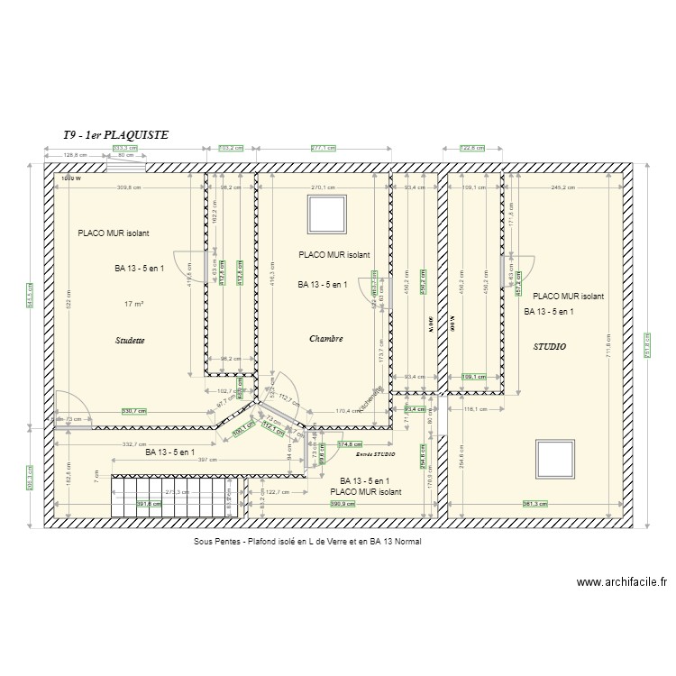 T9 1er - Cotation des Murs. Plan de 8 pièces et 80 m2