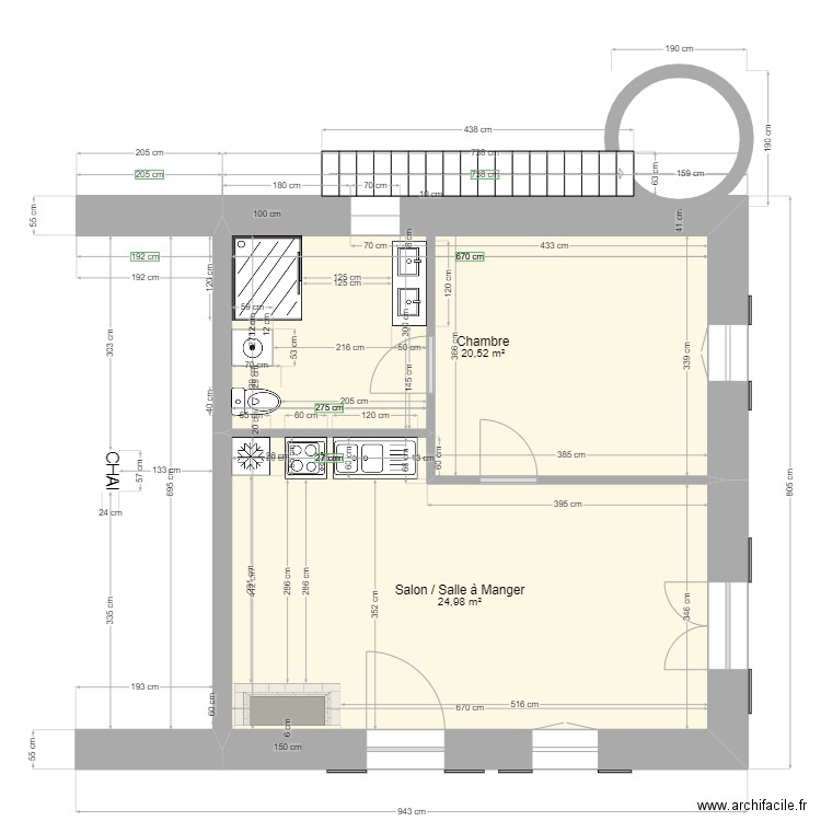 Gite rural dans chai equipé. Plan de 2 pièces et 46 m2