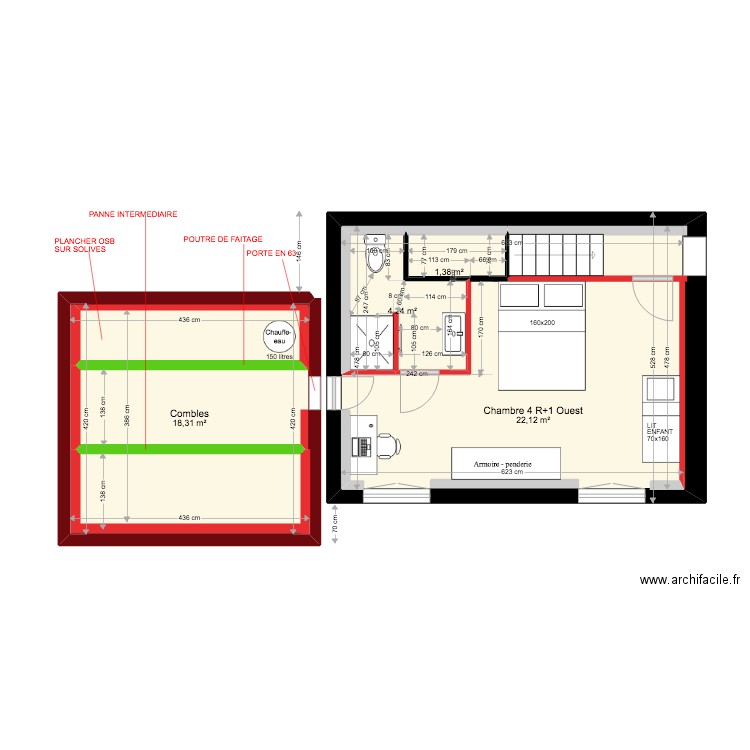 plans 11 JANV. 23 chambre 4 R+1 Ouest + aménagement SDE+ Combles + mobilier . Plan de 4 pièces et 54 m2